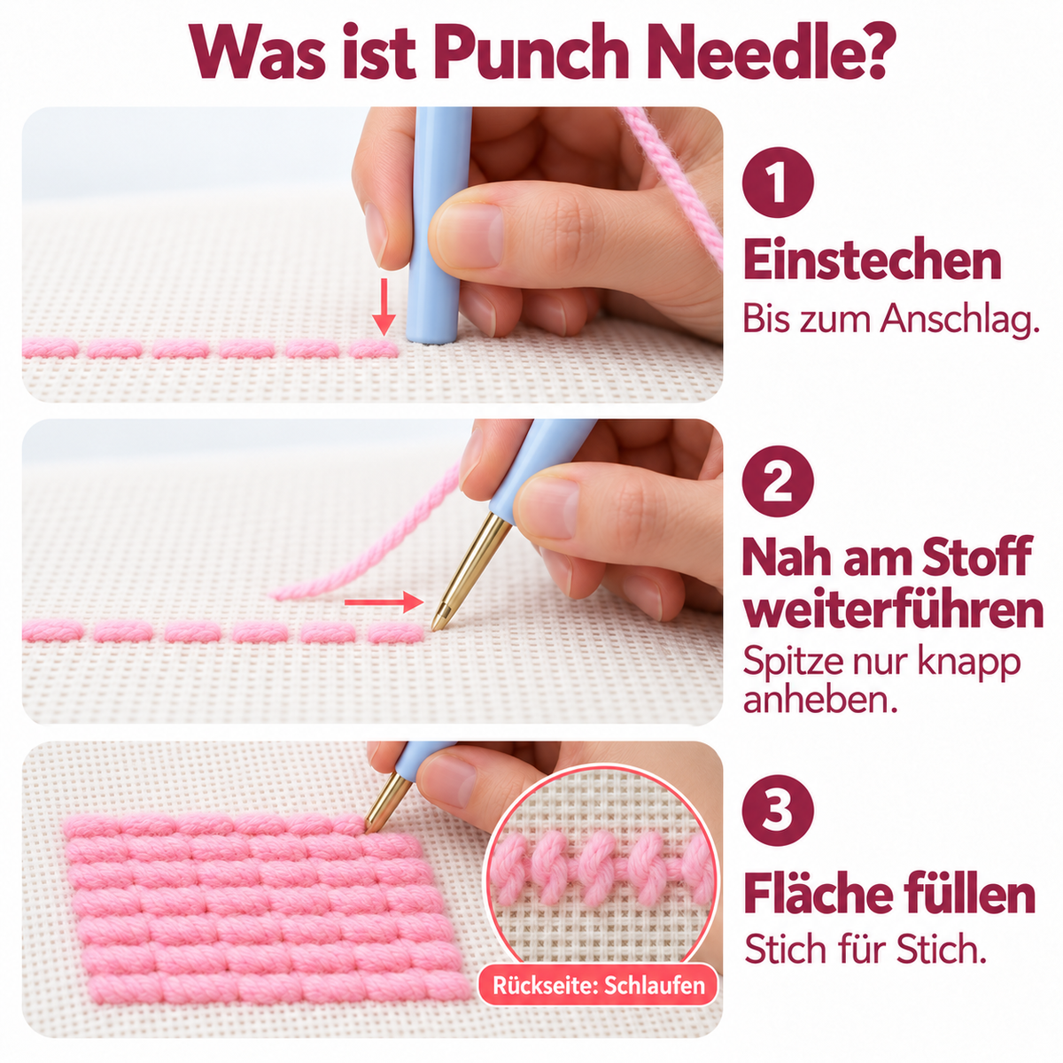 Was ist Punch Needle? Einstechen, die Spitze nah am Stoff weiterführen und die Fläche Stich für Stich füllen.