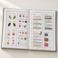 Gestaltungsbeispiel: geöffnetes, selbstbesticktes Stoffbuch mit Blättern, Blüten und verschiedenen Stichmustern.